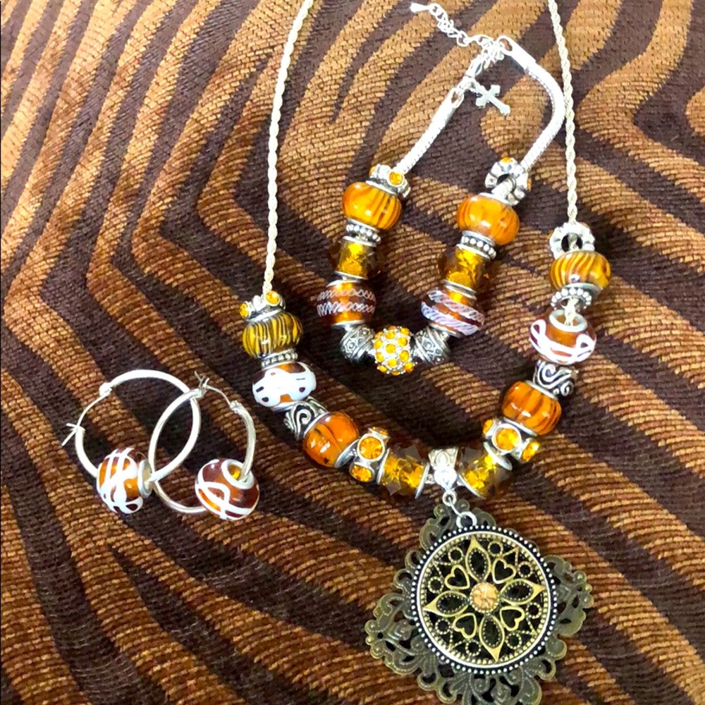 Hand crafted necklace, bracelet, and earring set